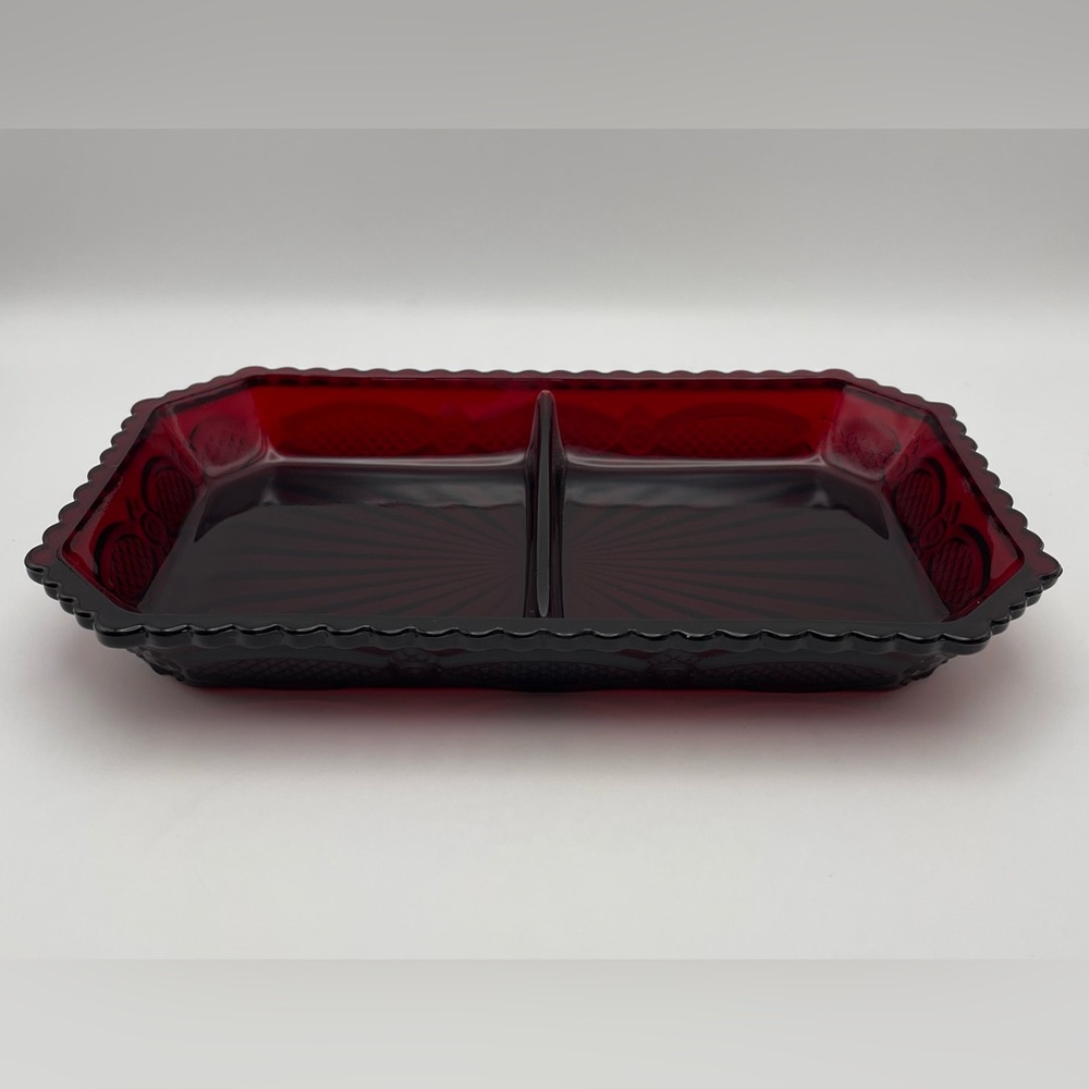 Vintage Avon 1876 “Cape Cod” Collection, Red Ruby Divided Glass Tray. Many uses!